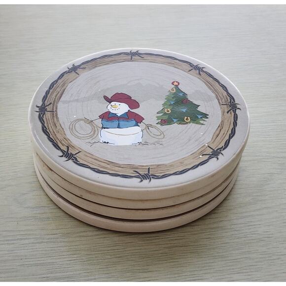 Coasters-Stoneware-Cowboy Theme-Snowman-Cork Backing-Set of 4 - Picture 6 of 8